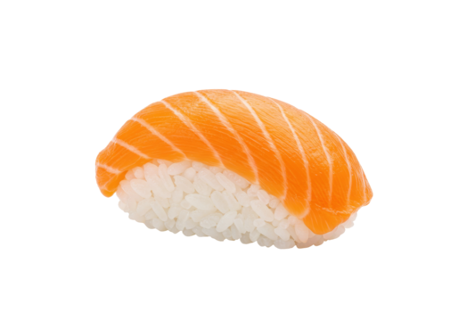 Salmon nigiri isolated on transparent background, Japanese cuisine sushi with fresh fish and rice for restaurant menu and food photography
