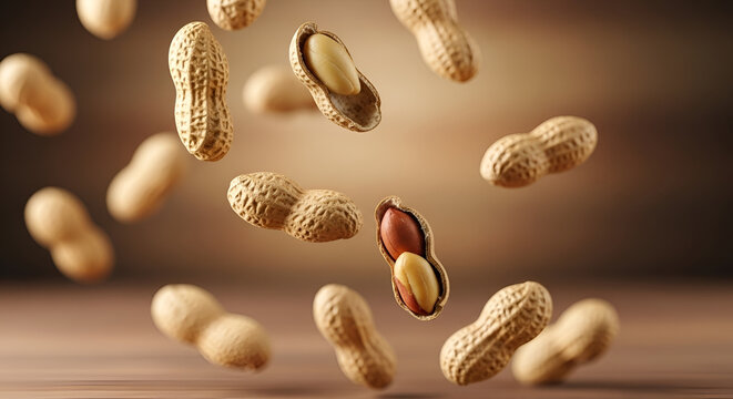 Several peanuts are suspended in mid-air, some whole and some split open, revealing the nuts inside.