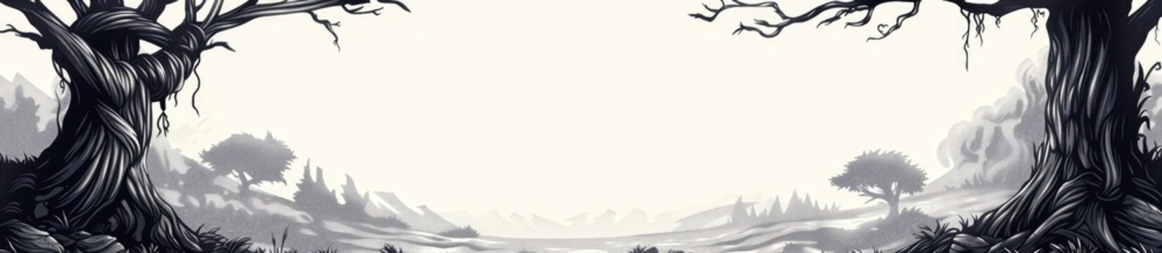 Sketch of Trees in Forest Background Landscape for Fantasy Designs, Game Art