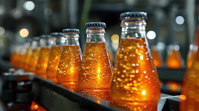 Bottles of Orange Soda on Production Line