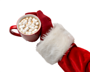 A red mug filled with marshmallows held by a gloved hand wearing a Santa Claus costume. The background is transparent, emphasizing the festive drink.