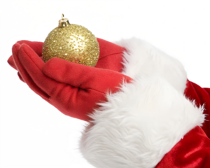 Red gloved hand holding a golden Christmas ornament. The background is transparent, emphasizing the festive decoration.