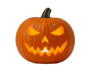 Glowing Halloween Jack-O’-Lantern Pumpkin Isolated on Transparent Background