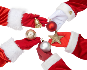 Five hands in red and white Christmas gloves hold various ornaments including a bell, star, and baubles. Transparent background, isolated PNG.