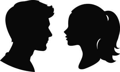 Silhouette of a man and woman facing each other romantic couple profile view