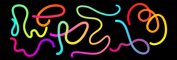 Abstract background with gradient color waves and lines. Set of rainbow flowing geometric line shapes.