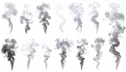 Smoke set plumes swirling upwards on white, isolated background. Design elements