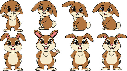 Cute cartoon bunny character set, adorable rabbit mascot illustration, animal vector design for kids, Easter bunny clipart, flat vector drawing