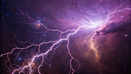 Vibrant purple lightning strikes across a starry cosmic nebula