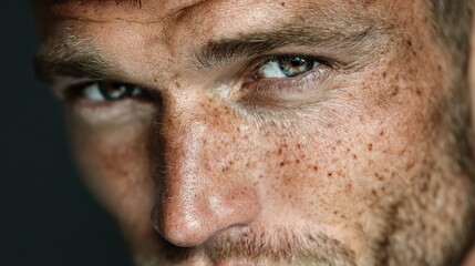 Fototapeta premium Close-up of a man with freckles and intense blue eyes gazing thoughtfully, showcasing detailed skin texture and expression in soft lighting