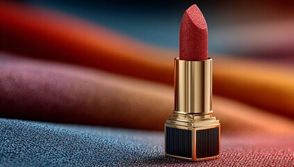 A close up of a red lipstick with gold casing on a textured surface with blurred background colors