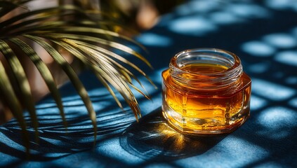 Close up of a jar of honey with a palm leaf on a blue surface with dappled sunlight shadows