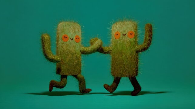 Two friendly cartoon cacti dance joyfully together on a bright teal background during a playful moment of fun and friendship