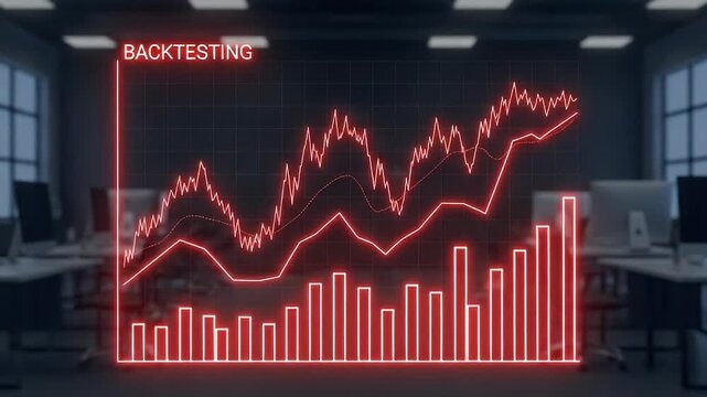 Backtesting Trading Strategy Graph with Neon Red Bar and Line Charts for Finance