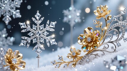 Golden jewel flowers and diamond snowflake ornaments sparkling on snowy background