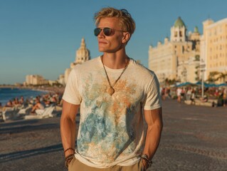 Young man enjoying a sunny evening stroll along the beachfront promenade with city buildings in the background