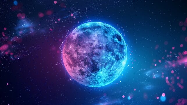 Holographic neon moon made of glowing polygons and circuits, futuristic cosmic tech design.
