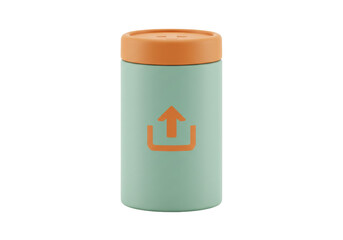 Mint green thermos with orange lid and upload icon isolated, reusable water bottle for hot and cold drinks on no background