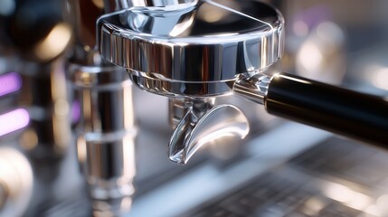 Coffee brewing machine in action at a modern cafe with shiny stainless steel parts