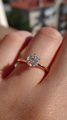 Obraz premium Beautiful engagement ring with a sparkling diamond against a sunny backdrop in the afternoon