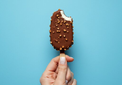 Womans hand holding a chocolate covered ice cream bar with nuts.
