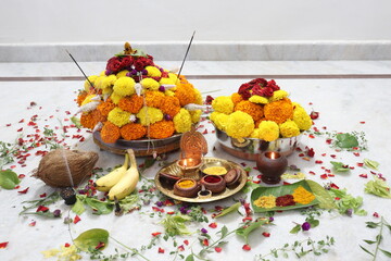 colorful flowers stacked up to create bathukamma, a specific hindu god worshiped in south india