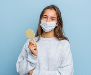 A woman wearing a protective face mask holds a light gold-toned circular object, creating a serene and neutral portrait against a light blue backdrop.