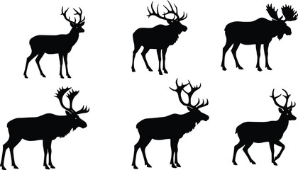 Deer elk moose silhouettes collection, wild animal vector set, antler wildlife icons, hunting design elements, forest cervid illustration, cad drawing flat vector illustration