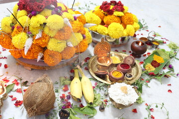 colorful flowers stacked up to create bathukamma, a specific hindu god worshiped in south india