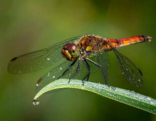 Close-up of a colorful dragonfly perched on a dewy leaf