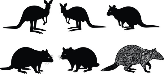Kangaroo, wallaby, and rodent animal silhouettes, wildlife mammals collection, decorative patterned mouse design, black vector illustration, educational zoology art.