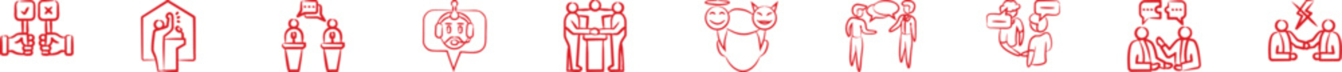 Diverse Red Line Icons Representing People, Communication, and Business Concepts