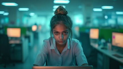 Tense portrait of a young employee looking stressed and tired while working late on a laptop in a dimly lit, cold blue-green modern open-plan office