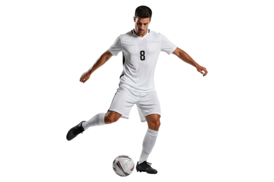 Male Soccer Player Dribbling and Kicking the Ball in White Uniform