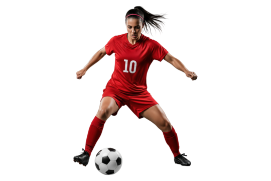 Female Soccer Player Controlling the Ball in Red Uniform