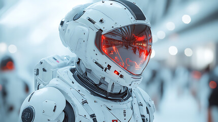 High-tech disaster suit hovering with airflow vents and protective seals glowing under bright studio lights white background 