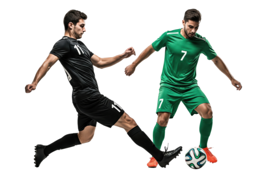 Two Male Soccer Players Challenging for the Ball in Black and Green Uniforms
