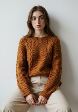 Conceptual editorial portrait of young woman with unibrow wearing warm-toned outfit