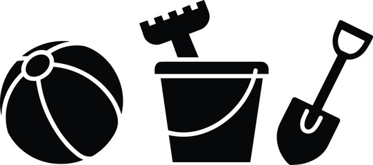 Black Silhouette Icons of Beach Toys: Ball Bucket Rake and Shovel vector illustration
