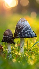 Two mushrooms in grass at sunset