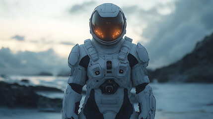 Focused capture of modular floating suit with integrated life-support systems against bright minimal background 