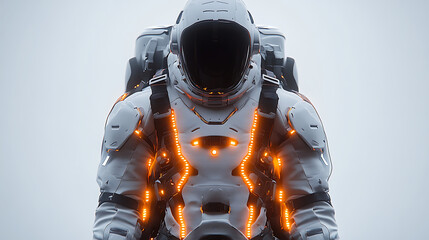 Floating survival armor set with padded joints and glowing alert signals cinematic composition white background 