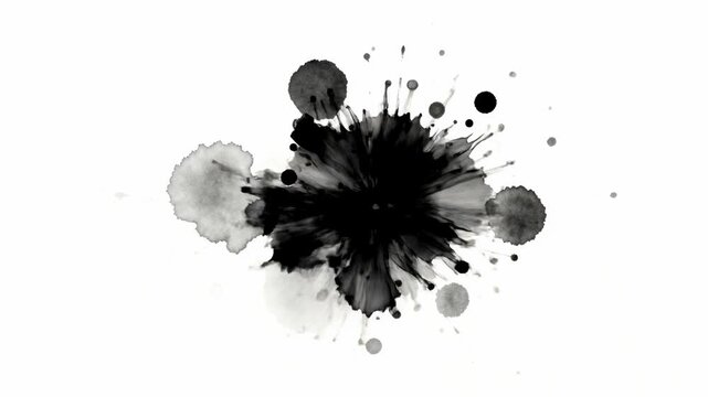 Black ink splatters on white background, abstract art