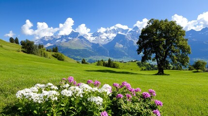 Lush green field with blooming flowers and snow-capped mountains.