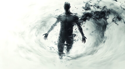 Floating full-body suit surrounded by swirling digital debris symbolizing catastrophe survival sharp focus white background 