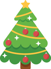 Decorated green Christmas tree with star and ornaments on white background evergreen pine tree