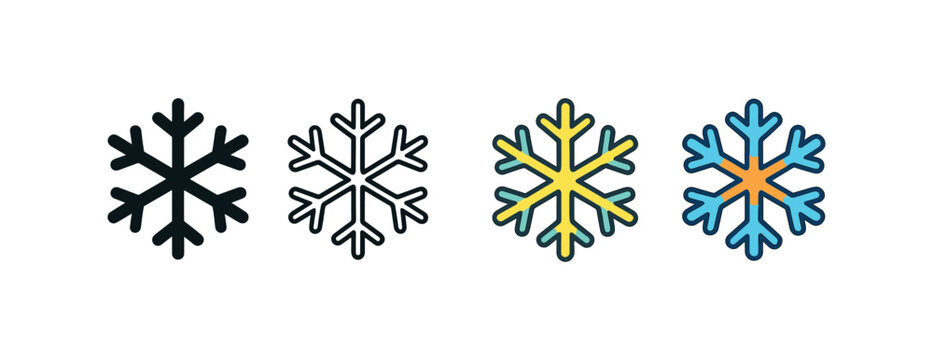 Vector icon snowflake same pose same proportions four styles black solid glyph outline minimal flat multicolor filled cartoon flat shaded.