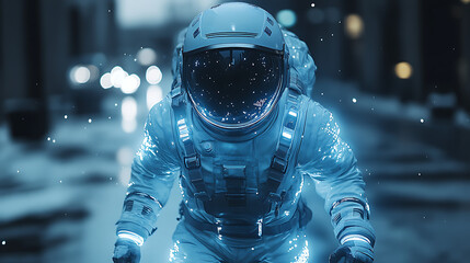 Disaster-resilient floatation suit glowing subtly under cinematic lights levitating with no background distractions 