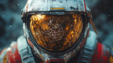 Close-up on detailed helmet of floating survival suit with cracked lenses symbolizing past battles clean backdrop 