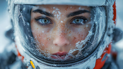 Close-up on detailed helmet of floating survival suit with cracked lenses symbolizing past battles clean backdrop 